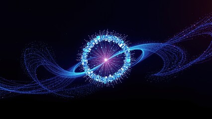 Naklejka na ściany i meble Bright circular pattern radiates energy. Blue lines swirl, creating dynamic visual effect against dark backdrop. Sparkles enhance overall design.