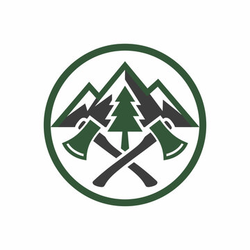 Green and gray logo emblem featuring mountains, a pine tree, and crossed axes within a circle for an outdoor design concept