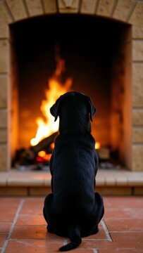 Black dog sitting on terracotta tiles, watching the warm flames and crackling fire in a brick fireplace