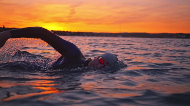 A swimmer, silhouetted against a vibrant sunset, powers through the water with focused determination, embodying rigorous sport training and commitment to a healthy lifestyle.