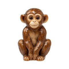 Adorable ceramic brown monkey figurine with a glossy finish sits calmly, facing forward on a clean white background © no one