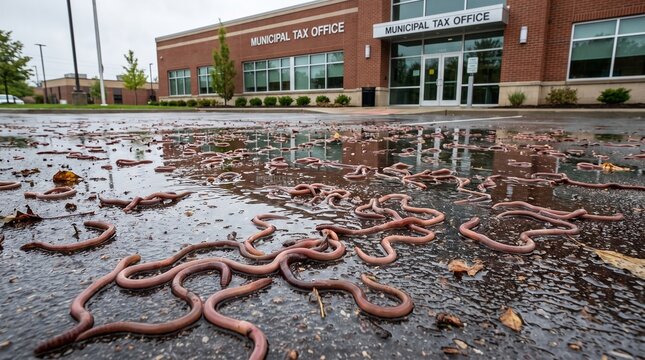 Swarm of Lumbricus terrestris earthworms stranded on wet asphalt parking lot in front of a brick municipal tax office building after heavy rain