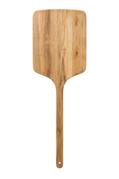 Rustic wooden pizza peel with a long handle and natural grain patterns is isolated on a clean white background