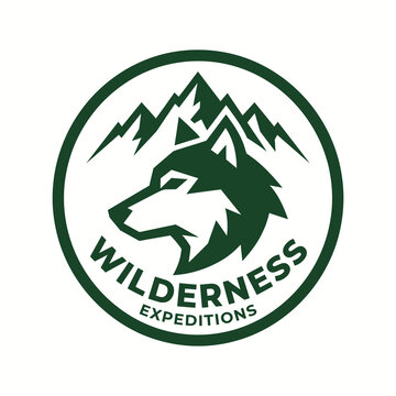 Green wilderness expeditions vector logo featuring a wolf head profile and mountain peaks inside a circular badge for outdoor adventure and hiking