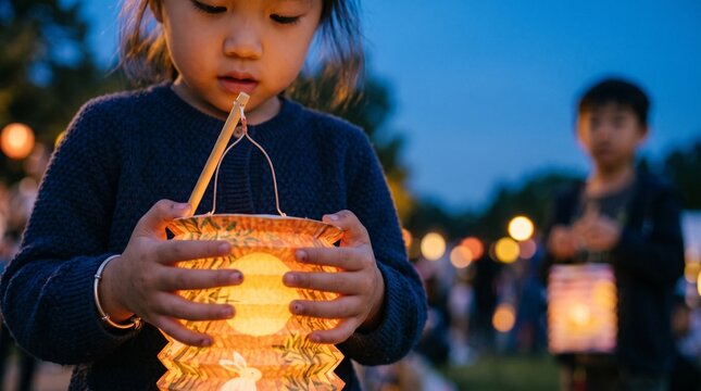 Asian child holding glowing paper lantern outdoors at night