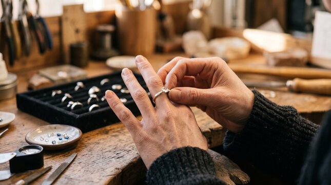 Jeweler inspecting a diamond ring on a workbench.