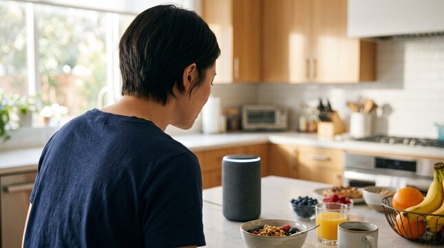 Young man looking at smart speaker on kitchen counter