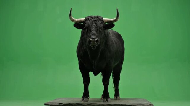 Muscular black bull standing on stone slab breathing vapor against solid green screen studio background
