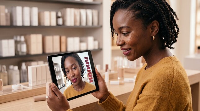 African American woman using digital tablet for makeup testing