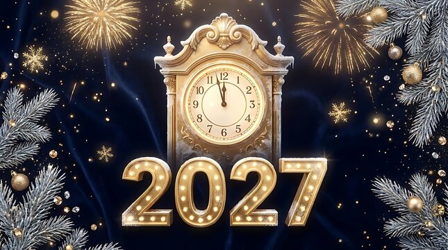 Golden new year 2027 celebration with fireworks and decorative clock design