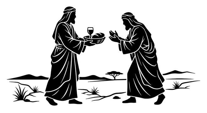 Abraham and Melchizedek Meeting Old Testament Bible Vector Illustration, King of Salem Offering Bread and Wine, Biblical Covenant, Blessing and Eucharist Symbolism