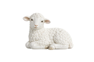 Charming white ceramic lamb figurine with textured wool details, lying peacefully on a clean white background, captured with soft studio lighting © no one