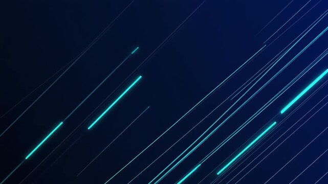 Static shot of thin cyan light pulses moving diagonally along parallel lines over dark blue background for corporate data connectivity.