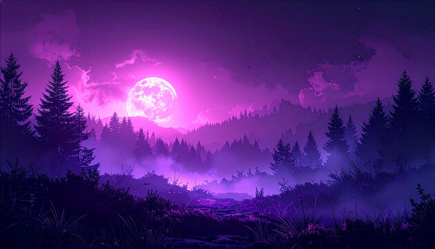 Mystical Purple Moonlit Forest Landscape with Glowing Full Moon. 