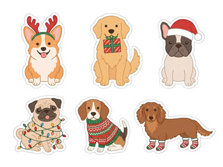 Fototapeta premium Cute dog breeds wearing cozy winter Christmas sweaters and hats sticker set