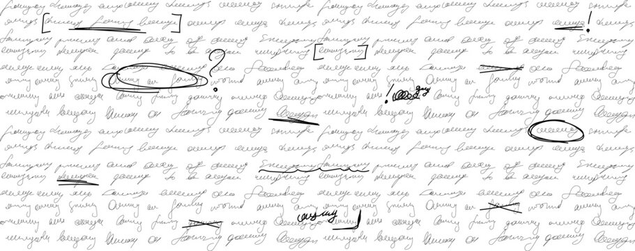 Edited script paper background. Grunge redacted handwritten overlay. Proofreading letter texture with junk text pattern and illegible ephemera cursive. Distressed emphasis literature seamless piece