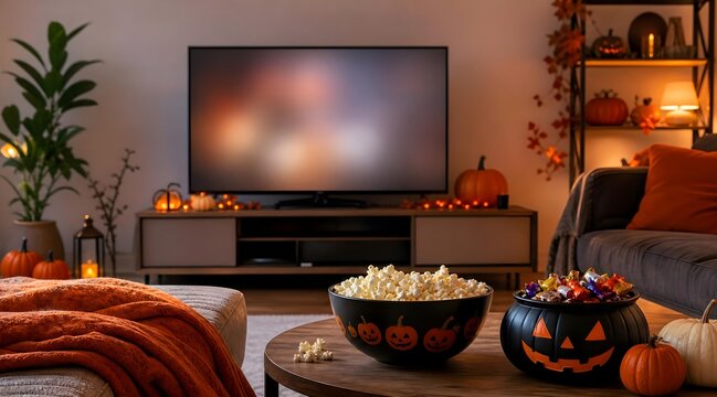 Halloween movie night with pumpkins popcorn and cozy home