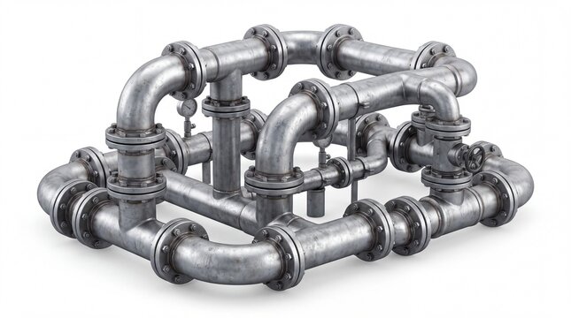Complex industrial metallic piping system with bolted flanges and pressure gauges on white background