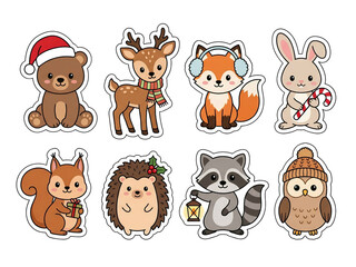 Fototapeta premium Cute woodland forest animals wearing Santa hats sticker collection