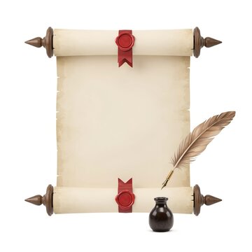 Vintage parchment scroll with red wax seal, quill feather and ink pot, antique medieval writing stationery set, blank old paper background for invitations or historical documents