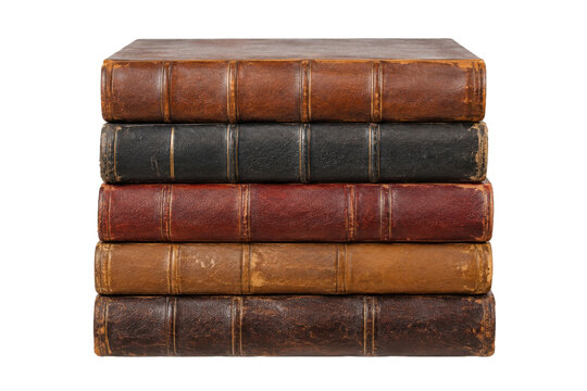 Stack of five old leather-bound books with textured covers and worn spines, isolated on a clean white background