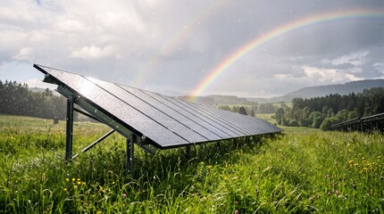Fototapeta premium Large solar panel array generates renewable electrical power in a green field during a sunny rain shower with a bright colorful rainbow stretching across the overcast clouds in the rural