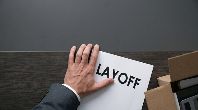 Faceless male employee hand on dark desk holding explicit layoff document near cardboard box