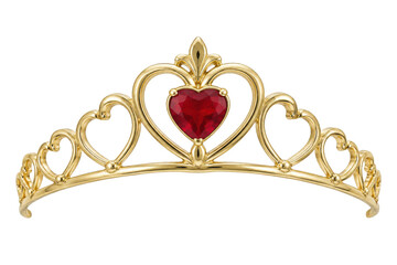 Beautiful golden tiara with a large faceted red heart gem at its center, isolated on a clean white background © no one