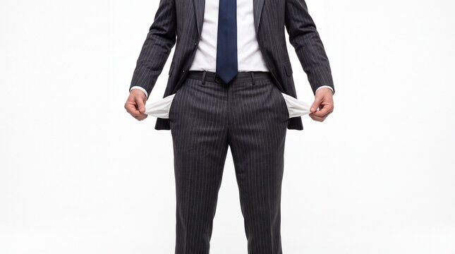 Businessman showing empty pockets of his formal suit pants standing isolated on white background