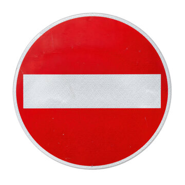 Weathered red and white circular no entry road sign with a reflective surface, isolated on a clean white background