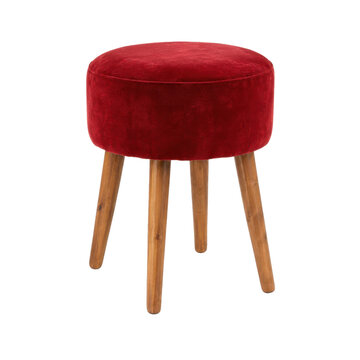 Small round red velvet upholstered stool with three wooden legs, captured from a high angle on a white background