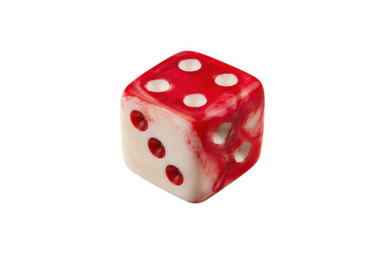 Single red and white marbled dice with visible pips showing numbers three, five, and four, isolated on a clean white background