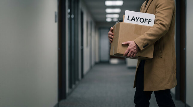 Faceless employee in brown coat carrying cardboard box with explicit layoff sign walking in office hallway
