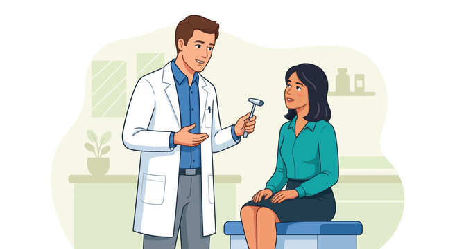 Doctor performing neurological reflex test on patient with reflex hammer in examination room, vector illustration
