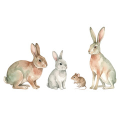 Obraz premium Watercolor meadow animals set with rabbit and bunny sitting plus field mouse and hare hand painted vector illustration in muted sage green and terracotta on white background