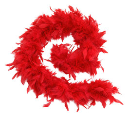 Vibrant red feather boa, elegantly curled into a decorative shape, stands out brightly against a clean white background © no one