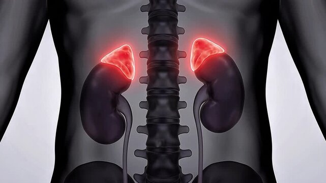 3D anatomical illustration showing the adrenal glands highlighted in red sitting on top of the kidneys in the human body