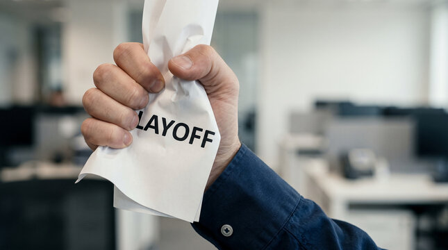 Faceless angry male employee hand crumpling explicit layoff paper in bright modern corporate office background