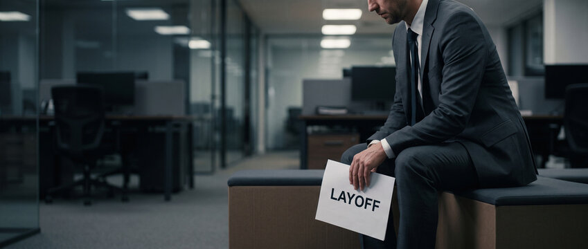 Faceless sad businessman in dark suit sitting alone in empty office holding explicit layoff sign