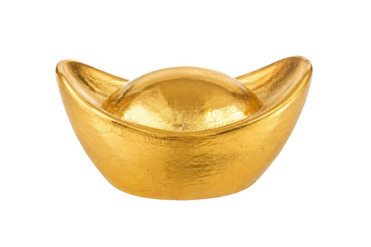 Traditional golden Chinese sycee ingot, a symbol of wealth and prosperity, isolated on a clean white background