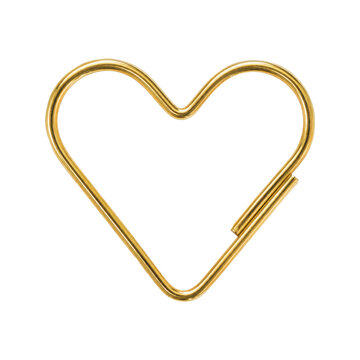 Shiny golden heart-shaped paper clip, symbolizing love and organization, is isolated on a clean white background