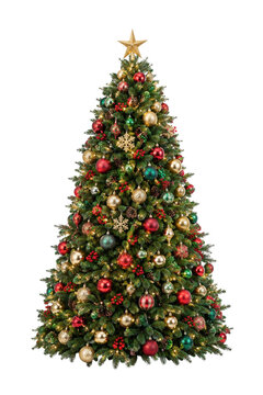 Beautifully decorated traditional Christmas tree with a golden star on top, adorned with colorful ornaments and warm lights, isolated on a white background