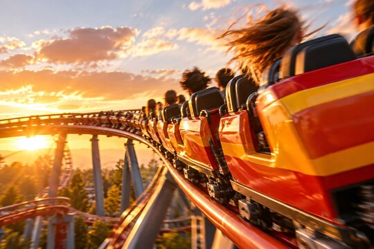 Roller coaster train speeding along elevated track at sunset with riders. Theme park thrill ride and amusement attraction. Adventure, speed and entertainment. Outdoor leisure recreation.