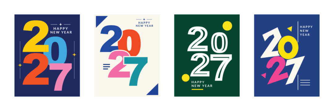 Four vibrant new year designs featuring the year 2027 with colorful typography and abstract backgrounds