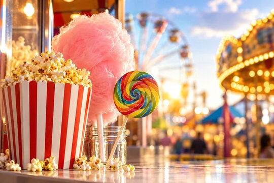 Popcorn, cotton candy and swirl lollipop at a carnival fair. Colorful midway with amusement attractions in the background. Sweet treats and snack food. Festival and family entertainment.