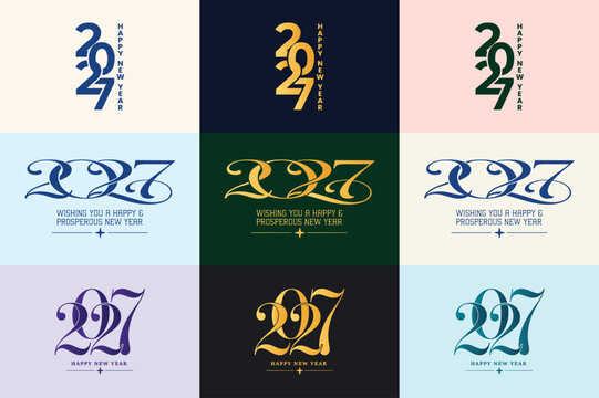 Happy New Year 2027 typography text logo collection featuring elegant colorful number badges set for greeting card poster calendar banner and holiday celebration vector illustration