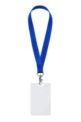 Fototapeta premium Blank white rectangular identification badge with a blue lanyard and silver clasp, isolated on a clean white background