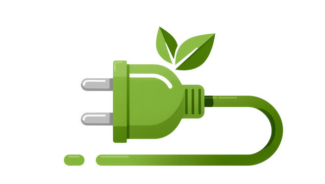 Green electric plug with leaves, isolated on transparent background
