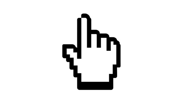 Pixelated black hand cursor pointing up, isolated on transparent background