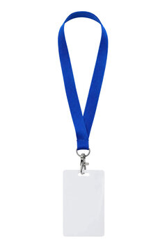 Blank white rectangular identification badge with a blue lanyard and silver clasp, isolated on a clean white background